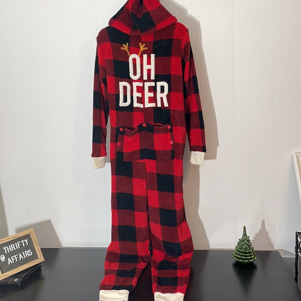 OH DEER Adult Pajamas 1Pc Sleepwear Buffalo Check Fleece Hoodie Back Flap Size M
